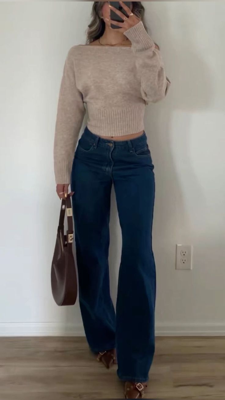 Fitted Fall Outfits, Fall Outfits Off The Shoulder, Feminine Every Day Outfits, Jeans And Heels Outfit Casual, Fall Outfit With Heels, Cute Dressy Outfits With Jeans, Sweater Jeans And Heels Outfit, Brown Pointed Heels Outfit, Low Waist Jeans Outfit Fall