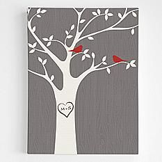 two birds sitting on top of a tree with the word love written in its trunk