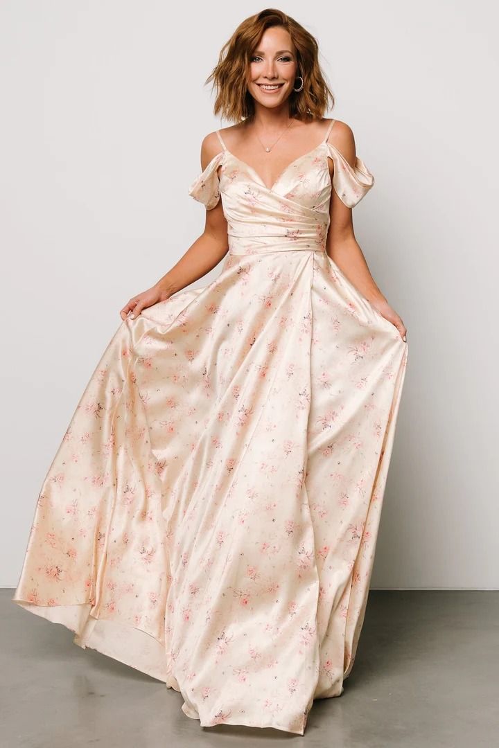 Clairemont Gown | Pale Gold | Baltic Born Floral Print Sweetheart Neckline Gown For Prom, Sweetheart Neckline Floral Print Gown For Prom, Sweetheart Neckline Floral Gown For Prom, Prom Satin Maxi Dress With Floral Print, Floral Print Satin Maxi Dress For Prom, Prom Floral Print Satin Maxi Dress, Floral Print Maxi Dress With Sweetheart Neckline For Prom, Spring Homecoming Satin Maxi Dress, Spring Satin Maxi Dress For Homecoming