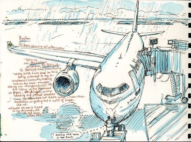 a drawing of an airplane on the tarmac with words written in english and spanish