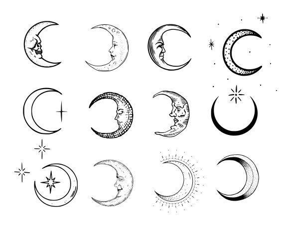 the phases of the moon in black and white, with stars around them on a white background