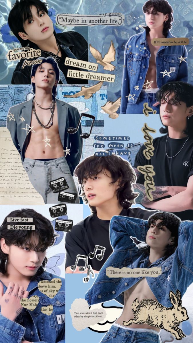 the collage shows many different images of men in denims and jackets, one with his hands on his chest