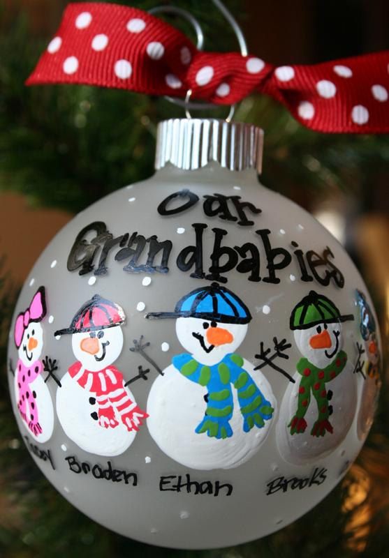 a glass ornament with three snowmen and the words cat grandpa written on it