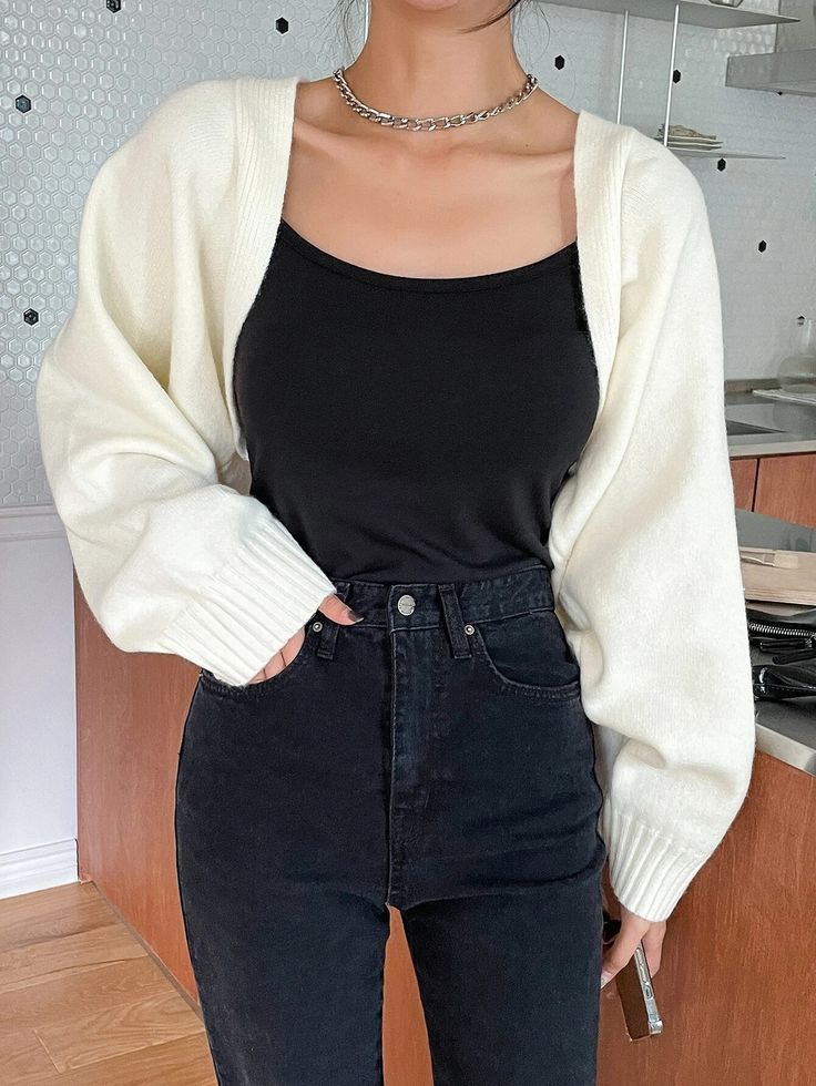 DAZY Dolman Sleeve Open Front Crop Cardigan | SHEIN USA Outfits With White Cardigan, White Cropped Cardigan Outfit, White Cardigan Outfit Winter, Open Cardigan Outfit, Short Sleeve Cardigan Outfit, Short Cardigan Outfit, Cream Cardigan Outfit, Cropped Cardigan Outfit, Crop Cardigan Outfit