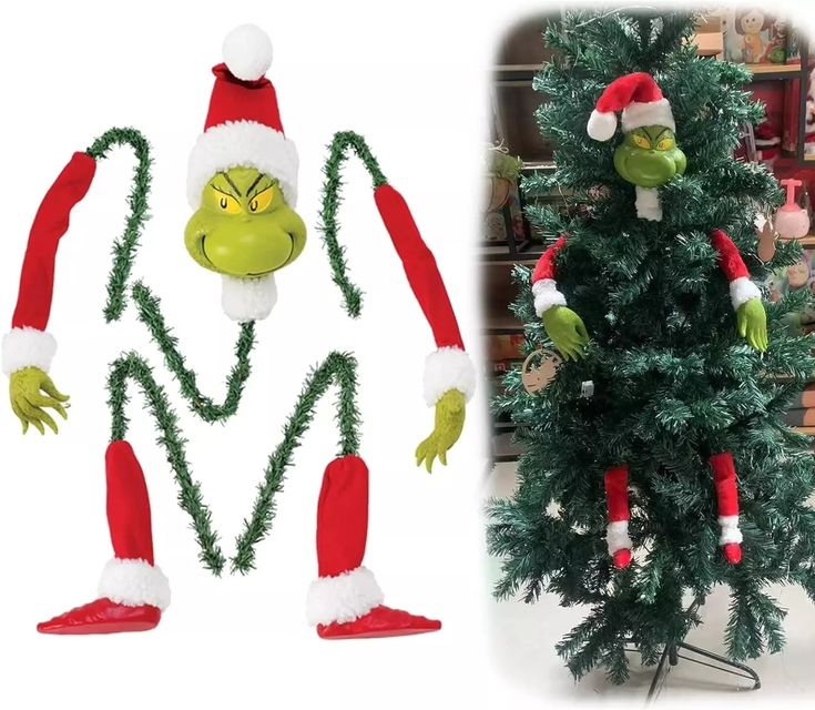 two christmas decorations are shown next to a tree and one has an image of the grin face on it