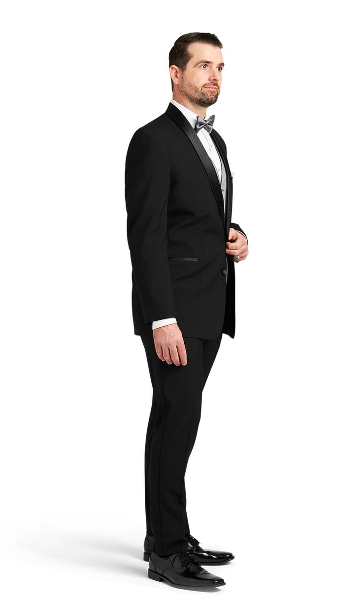 A classic black tuxedo with two buttons and a shawl lapel. Classic Black Tuxedo, Shawl Lapel Tuxedo, Button Shawl, Black Patent Leather Shoes, Tuxedo Pants, Fitted Coat, Tuxedo Suit, Black Tuxedo, Patent Leather Shoes