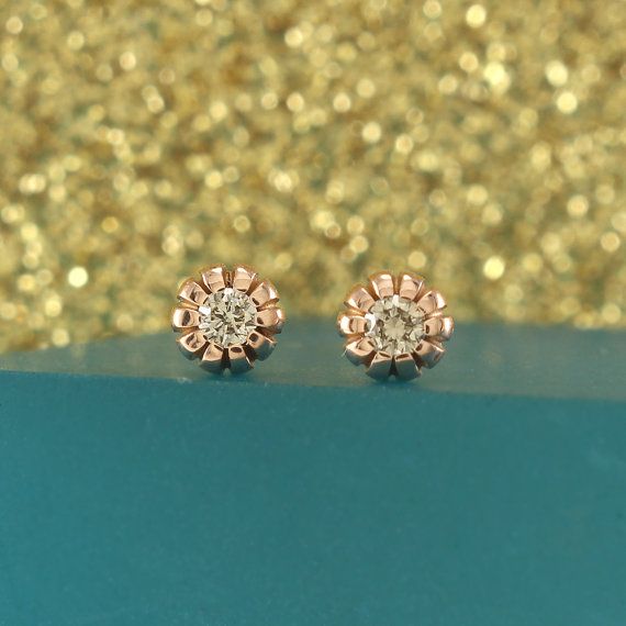 Small Tiny Diamond Stud Earrings, Champagne Diamond Earrings, Solid 14K Gold, Diamonds Earrings, Sim Rose Gold 14k Diamond Round Earrings, 14k Rose Gold Round Diamond Earrings, Rose Gold 14k Diamond Earrings, 14k Gold Cluster Earrings With Diamond Accents As Gift, Rose Gold 14k Gold Diamond Earrings As Gift, Gift Yellow Gold Cluster Earrings With Diamond Accents, Gold Sterling Silver Cluster Earrings With Brilliant Cut, Gold Sterling Silver Cluster Earrings With Halo Design, Gold Round Cut Bridal Earrings For Gift