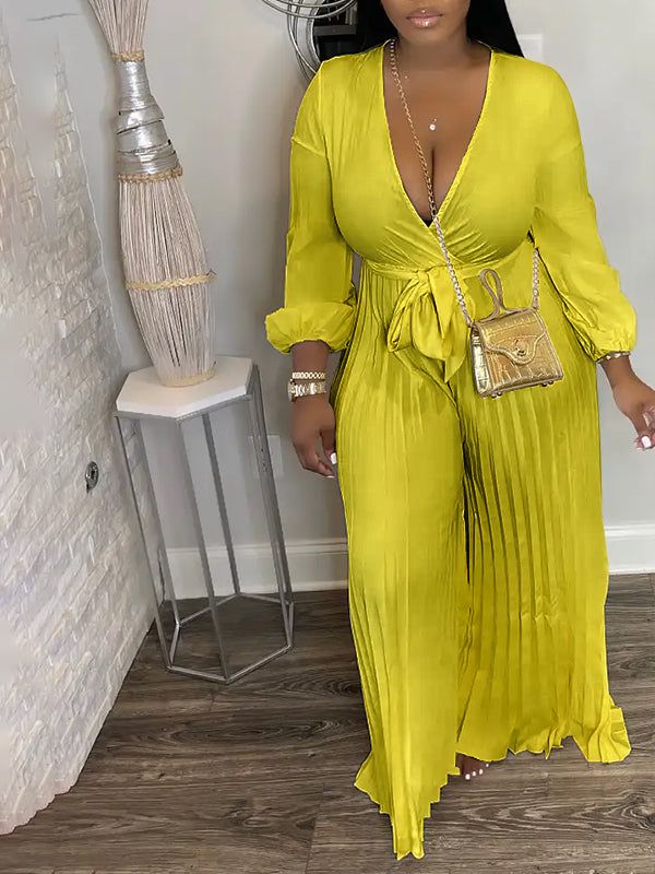 Details Care Fabric: Polyester Blend Style: Fashion V Neck, Half Sleeves, Tied Belt, Wide Leg Package: 1 x Jumpsuit Size(CM) Bust Length S 86 151 M 88 152 L 93 153 XL 98 154 2XL 103 155 3XL 108 156 4XL 113 157 5XL 118 158 Size(IN) Bust Length S 33.9 59.4 M 34.6 59.8 L 36.6 60.2 XL 38.6 60.6 2XL 40.6 61 3XL 42.5 61.4 4XL 44.5 61.8 5XL 46.5 62.2 Tips Please check size chart carefully before making payment All apparel sizes are measured manually and may have 0.5-1 inch difference.(1 inch = 2.54 cm) Yellow Jumpsuit For Party, Chic Yellow Jumpsuits And Rompers For Party, Chic Yellow Jumpsuit For Party, Yellow V-neck Jumpsuits And Rompers For Vacation, Yellow Jumpsuits And Rompers For Spring Party, Chic Yellow Long Sleeve Jumpsuits And Rompers, Chic Yellow Jumpsuits And Rompers For Beach, Chic Yellow Beach Jumpsuits And Rompers, Yellow V-neck Jumpsuits And Rompers For Party