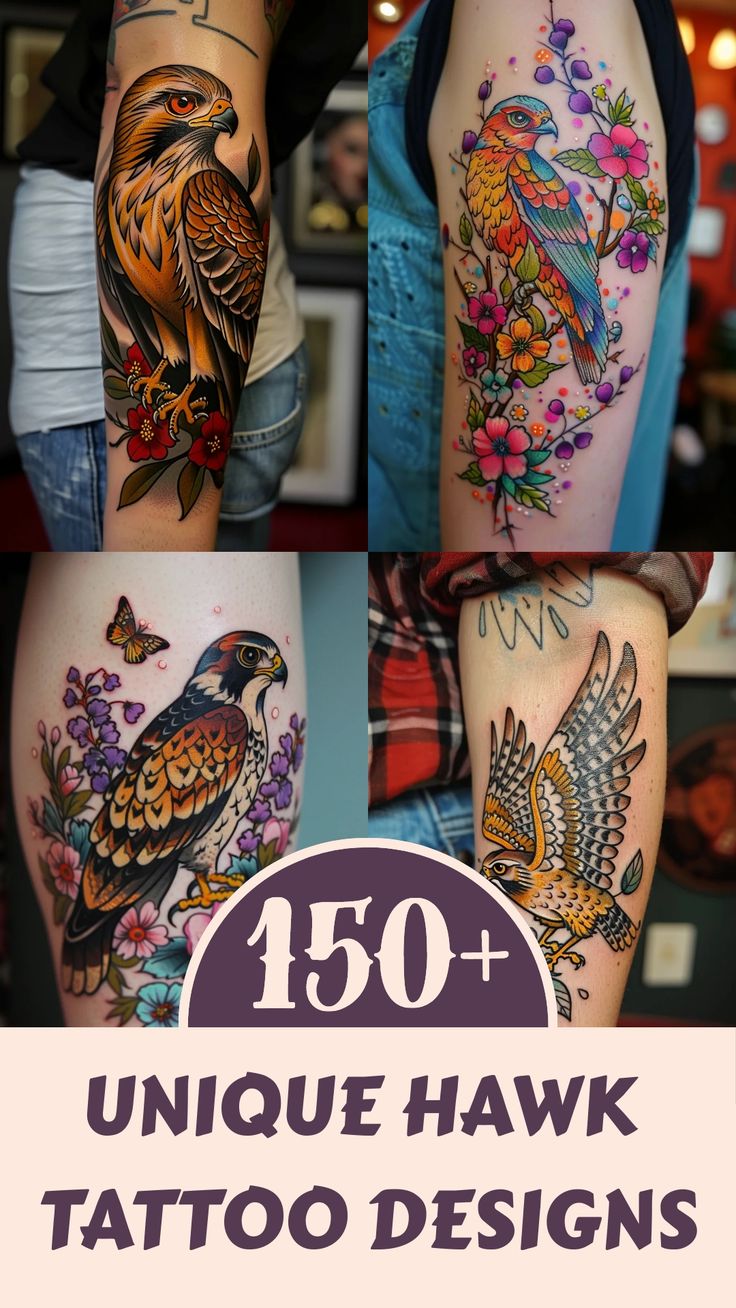 several different tattoos on the legs and arms with words below them that read 150 unique hawk tattoo designs