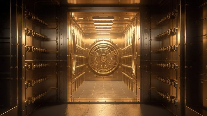 a very large metallic door in the middle of a room with lots of gold lockers