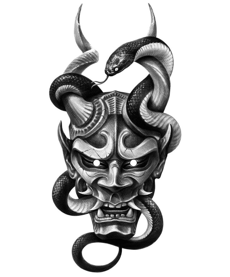 a drawing of a demon mask with two snakes on it