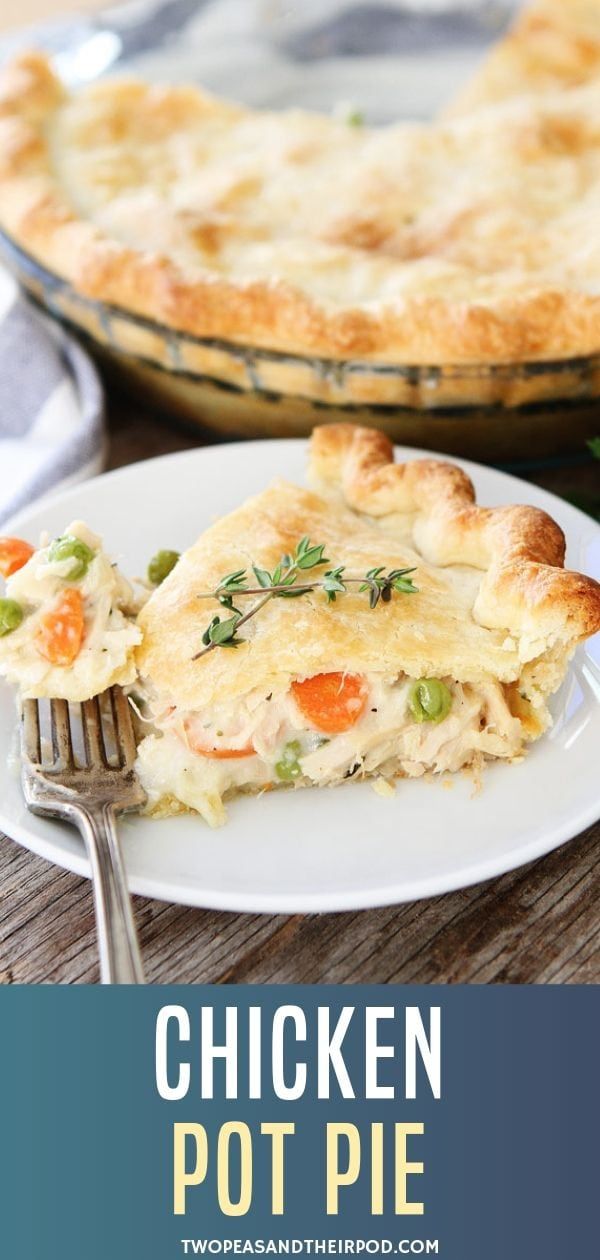 homemade chicken pot pie on a plate with a fork