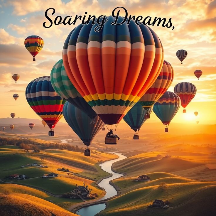 there are many hot air balloons flying in the sky with words saying, soaring dreams