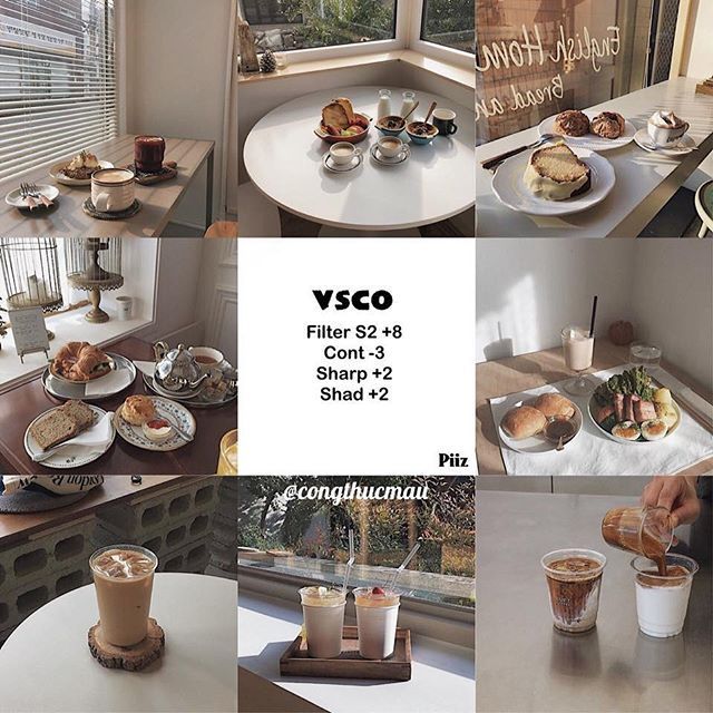 various views of food and drinks on the table in front of a window with a sign that says visco