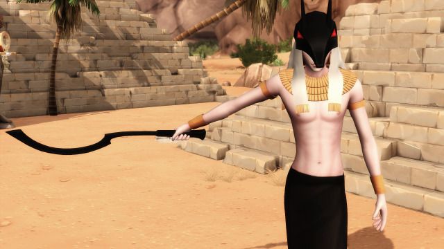 an animated egyptian woman holding a hose in front of a stone wall and palm trees