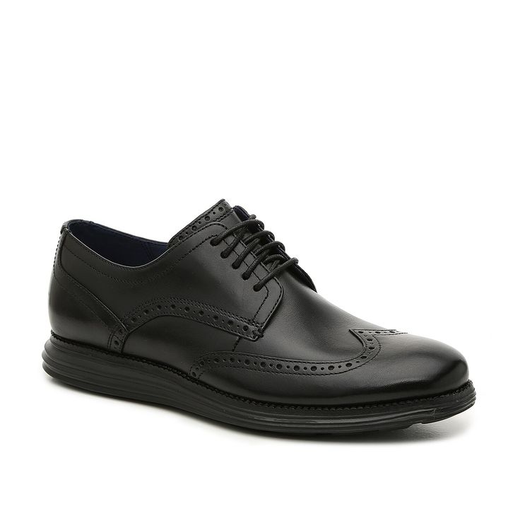 Cole Haan-Original Grand Wingtip Oxford Step up your handsome shoe collection with the Original Grand oxford from Cole Haan. This dress shoe features a wingtip round toe and perforated brogue detailing that will give your outfit a dapper finishing touch! Business Oxfords With Perforations And Round Toe, Derby Dress Shoes With Perforations And Plain Toe, Business Casual Wingtip Dress Shoes, Masculine Wingtip Oxfords With Branded Insole, Business Dress Shoes With Perforations, Business Lace-up Dress Shoes With Perforations, Casual Wingtip Oxfords For Business, Business Casual Wingtip Oxfords, Business Low-top Oxfords With Brogue Detailing