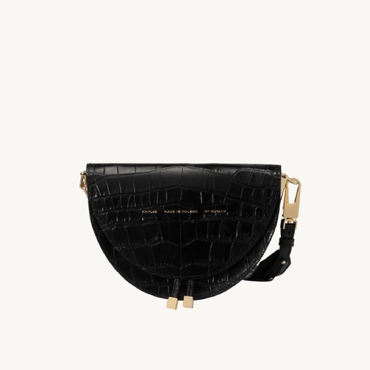 Saddle Bag "glossy black crocodile" + Long Strap - Chylak Crocodile Skin, Saddle Bag, Black Bag, Leather Care, Signature Style, Embossed Leather, Chain Strap, Cowhide Leather, Saddle Bags