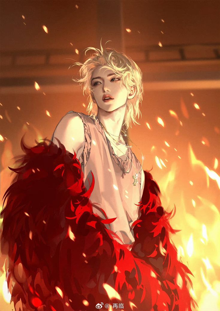 a woman with blonde hair and red feathers in front of a yellow background that has fire coming out of her chest