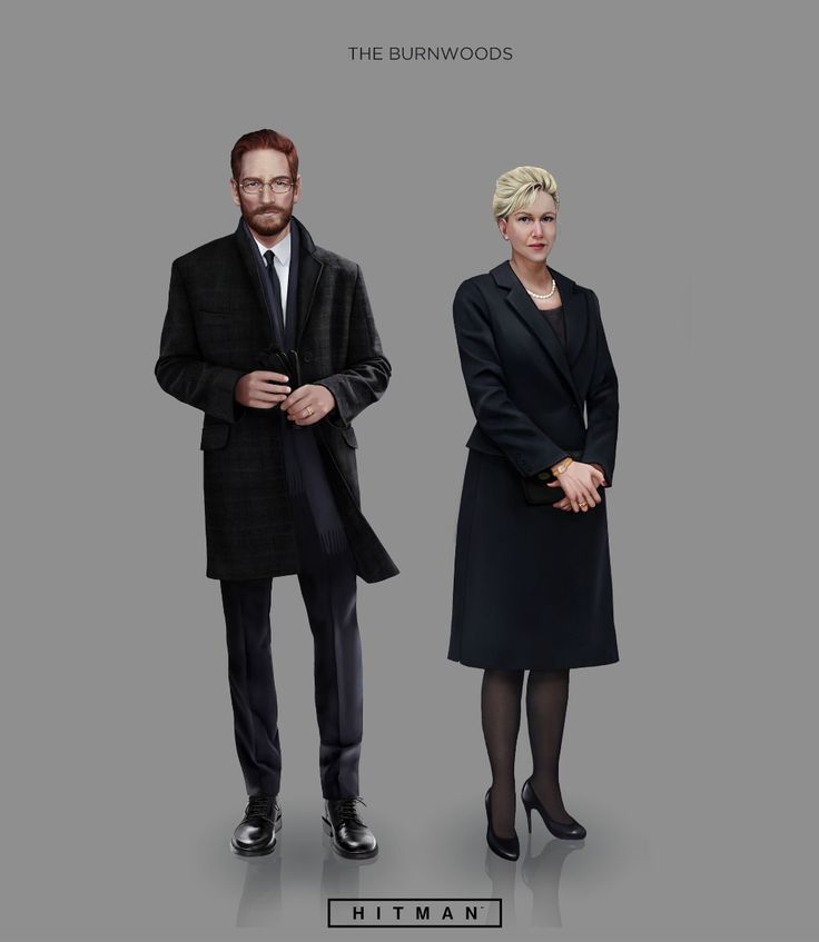 two people standing next to each other in front of a gray background with the words hitman on it