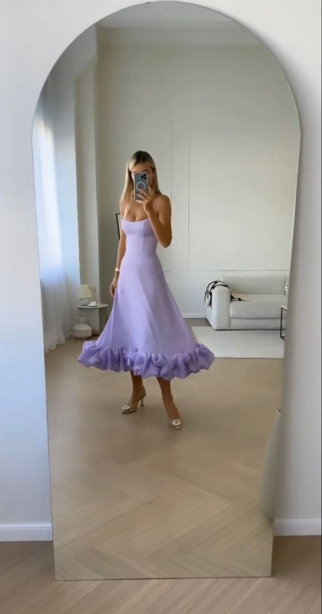 Purple Midi Dress Formal, Lilac Dress Accessories, Lilac Ruffle Dress, Lavender Ruffle Dress, Lilac Cocktail Dress, Wedding Guest Dress Lilac, Lavender Dress Outfit Wedding, Lilac Wedding Guest Dress, Lilac Dress Aesthetic