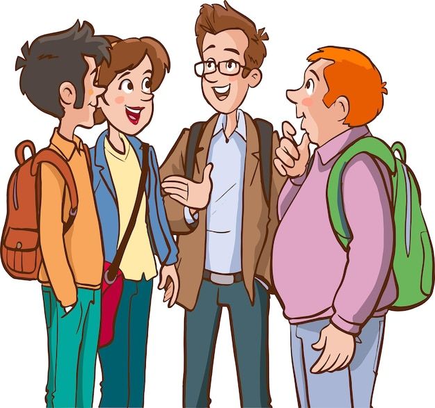 three men talking to each other while standing next to each other with backpacks on