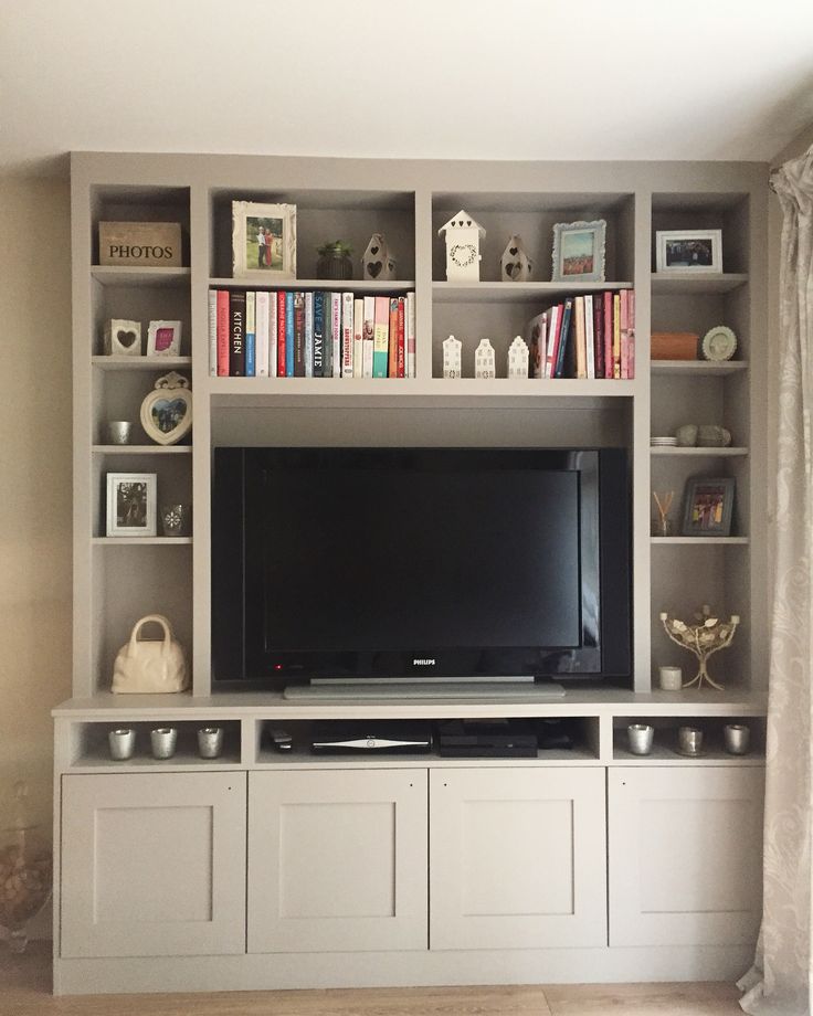 a flat screen tv sitting on top of a white entertainment center