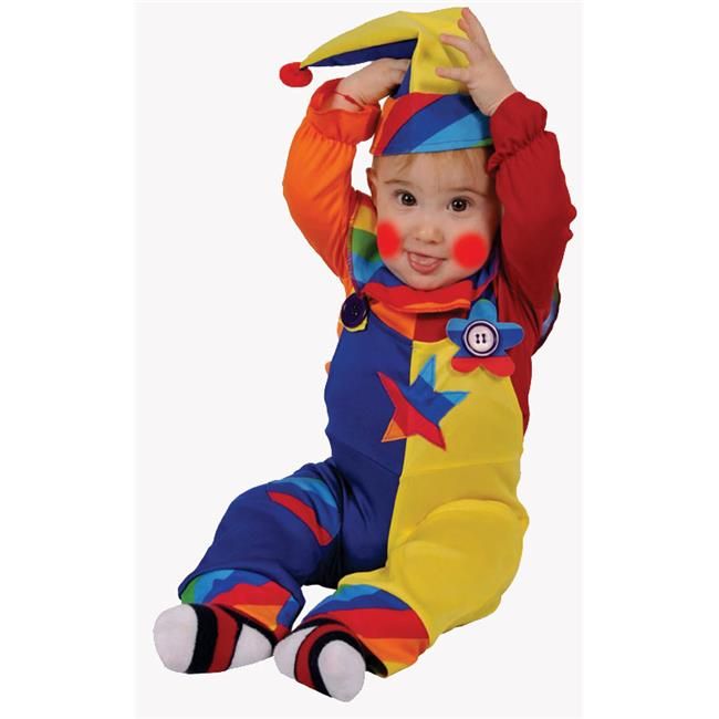 a baby dressed as a clown sitting on the floor with his hands in the air