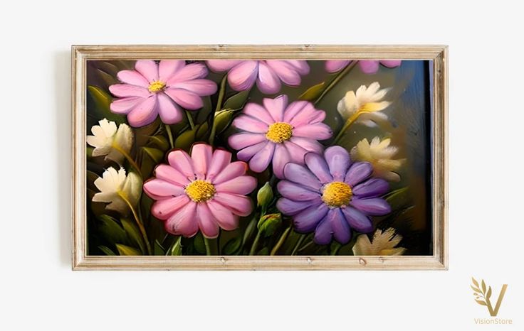 a painting of pink, yellow and white flowers in a wooden frame on a wall