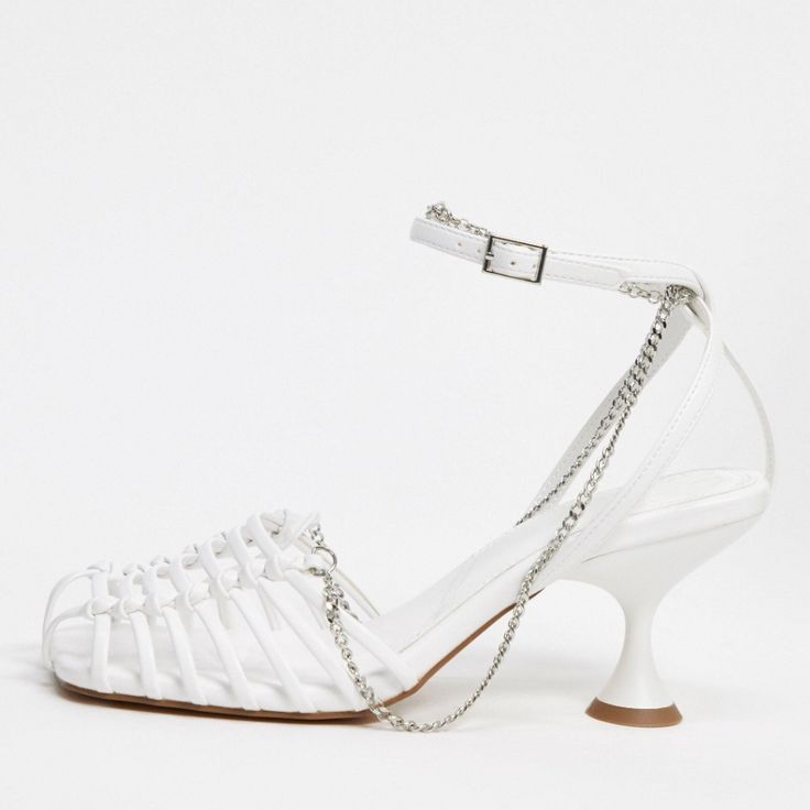 Asos Size 7 White Damaged Box White Chain Strap Heels For Summer, White Summer Heels With Chain Strap, Summer White Heels With Chain Strap, Spring Ankle Strap Heels With Chain Detail, Spring Ankle Strap Heels With Chain, Spring Evening Heels With Chain Detail, Spring Synthetic Heels With Chain Strap, Trendy Summer Heels With Chain, Asos Shoes