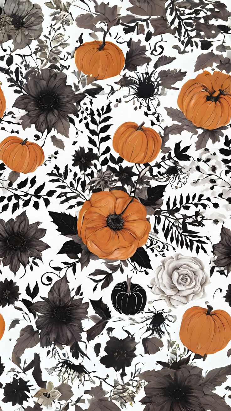 an image of pumpkins and flowers on a white background with black leaves in the foreground