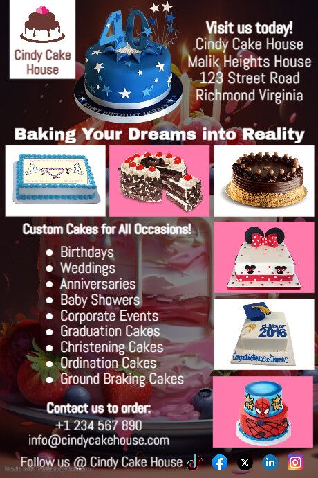 Editable Cakes, Bakers, Pastries Confectionery Desert Cake Banner Flyer Add Cake Banner, Graduation Cakes, Custom Cakes, Corporate Events, Christening, Wedding Anniversary, Pastry, Baking, Cake