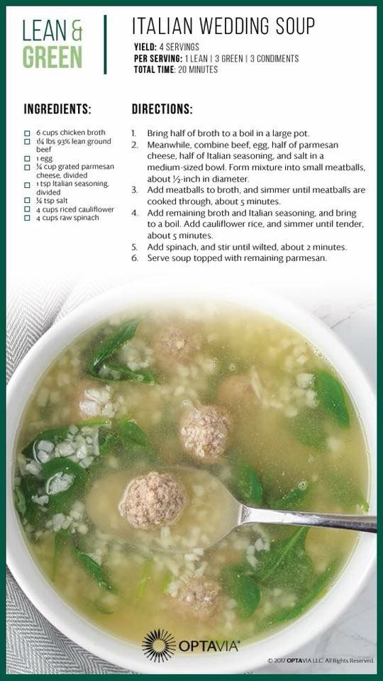 a brochure for italian wedding soup with meatballs and spinach in a white bowl