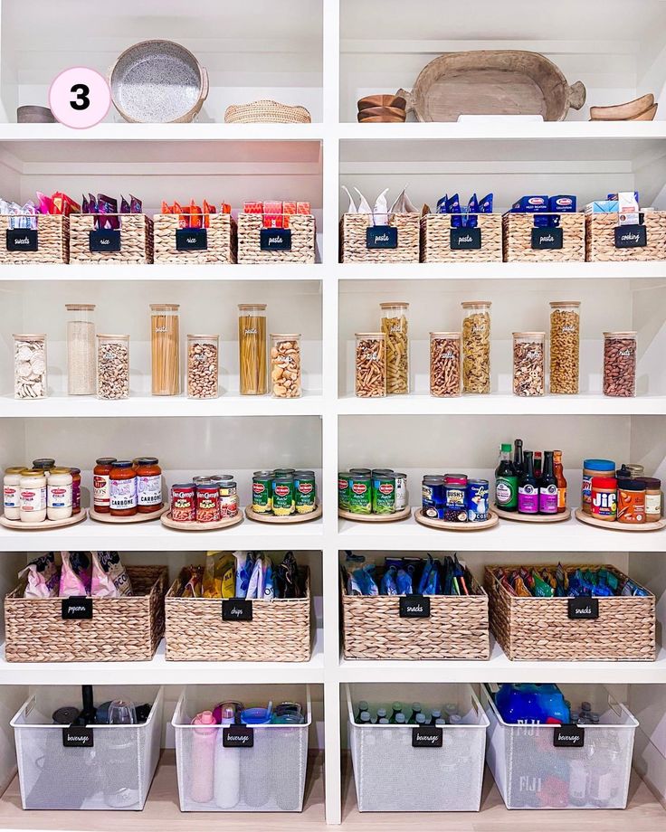 an organized pantry with baskets and food items