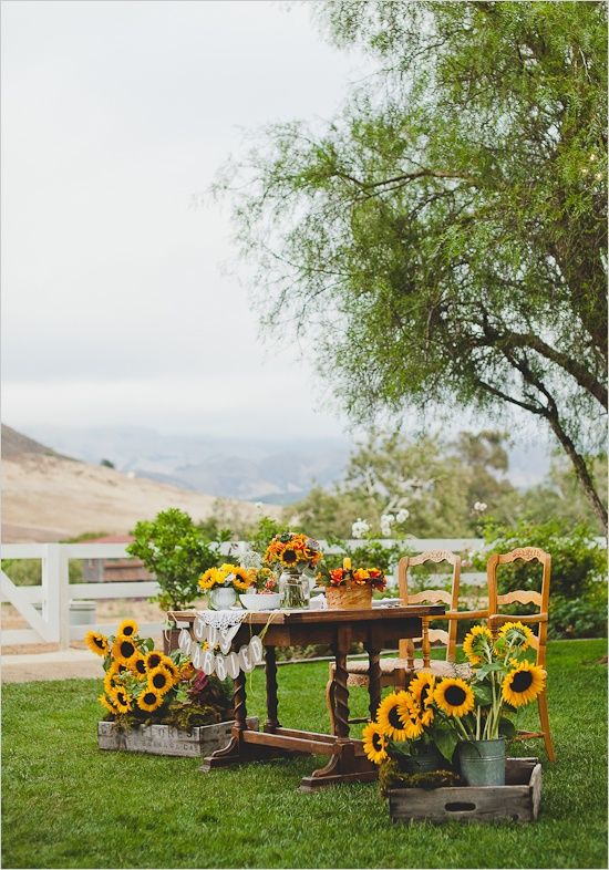 a table with sunflowers on it in the grass