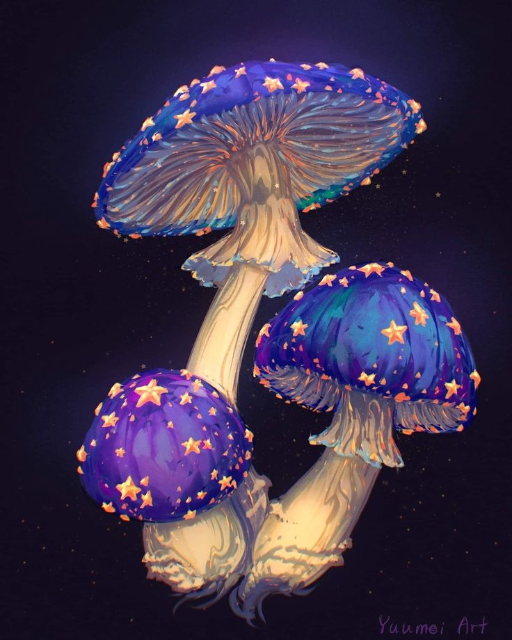 three blue mushrooms with stars on them are shown in the night sky, and one is lit up