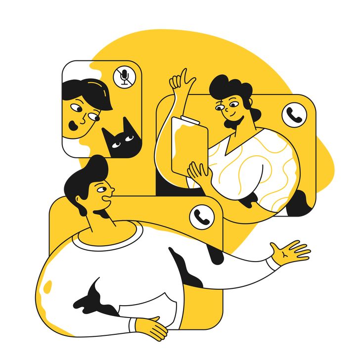 an illustration of three people in front of a yellow background with black and white images