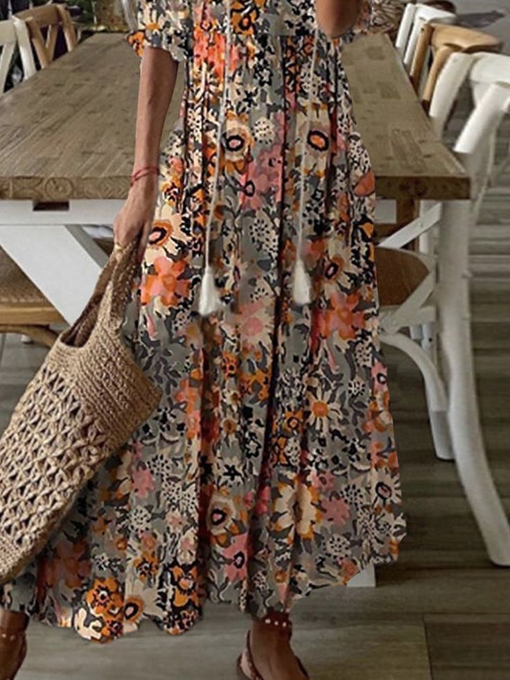 Loosen Floral Short Sleeve Woven Dress Flowy Midi Dress For Fall, Bohemian A-line Maxi Dress For Brunch, Casual Floral Print Maxi Dress, Bohemian Long Skirt Dress For Fall, Casual Long-skirt Beach Dress, Casual Long Skirt Dress For The Beach, Bohemian Long Dress For Fall, Printed Long Skirt Dress For Vacation, Multicolor Long Skirt Dress For Spring