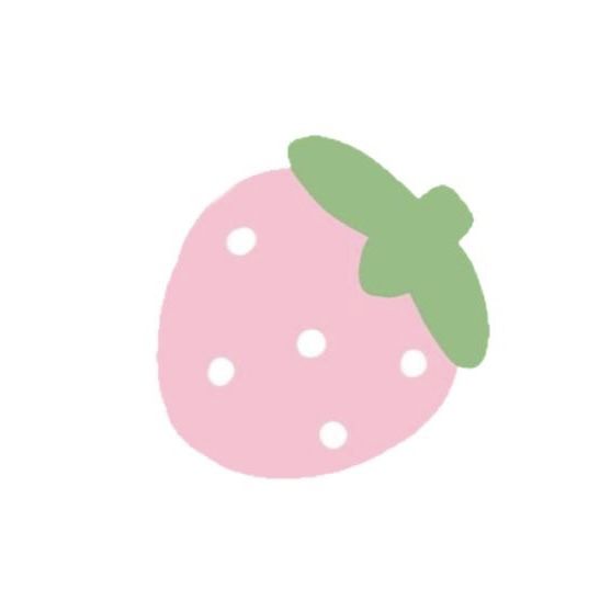 a pink strawberry with green leaves on it's side and white dots around the top