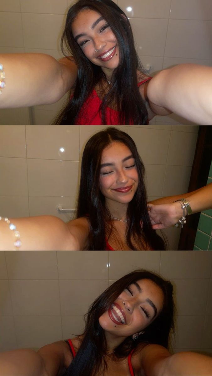 three pictures of a woman smiling in the bathroom