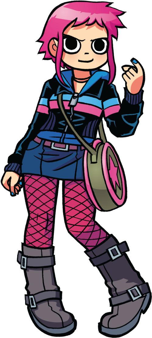 a drawing of a girl with pink hair and boots holding a handbag in her right hand