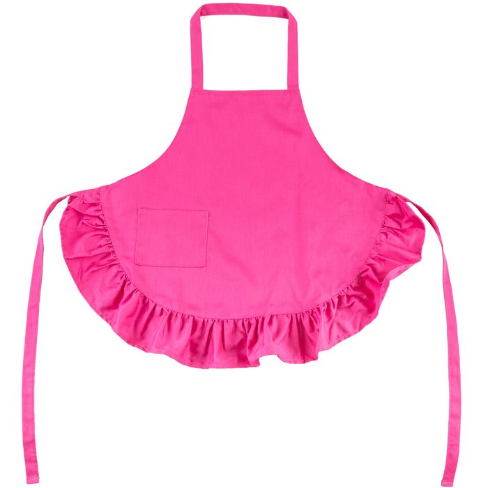 a pink apron with ruffles on the front and side, against a white background