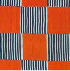 an orange and black checkered fabric with white stripes on the bottom, in different colors