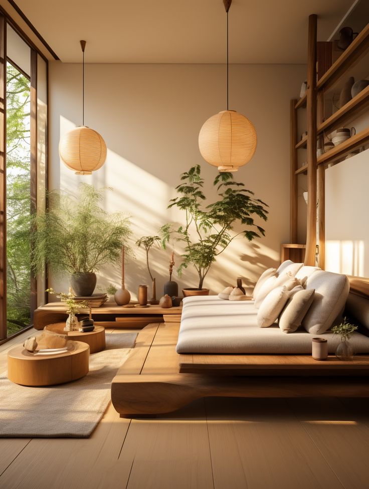 a living room filled with lots of furniture and plants