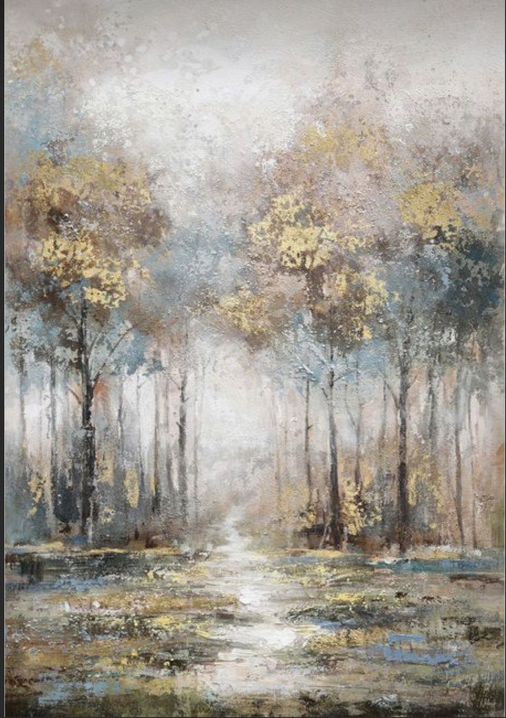 a painting of trees and water in the fog