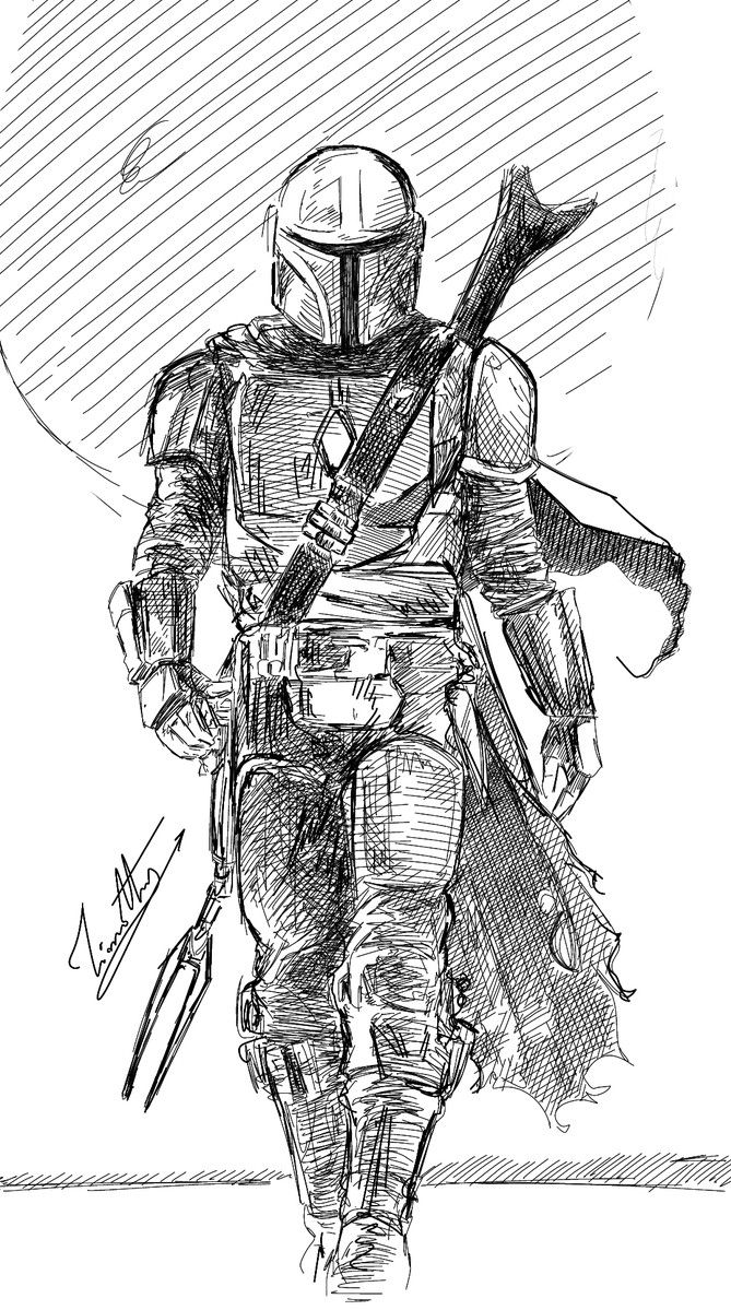 a black and white drawing of a man in a helmet with two swords on his back