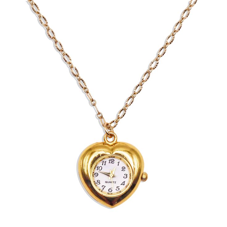 5 Min Away Watch Necklace in Gold Necklace Clock, Gold Self-winding Pocket Watch As Gift, Heart Shaped Watch, Gold Self-winding Round Pocket Watch, Gold Self-winding Pocket Watch, Heart Watch, Antique Gold Self-winding Pocket Watch, Stainless Steel Chain Necklace, Unisex Jewelry