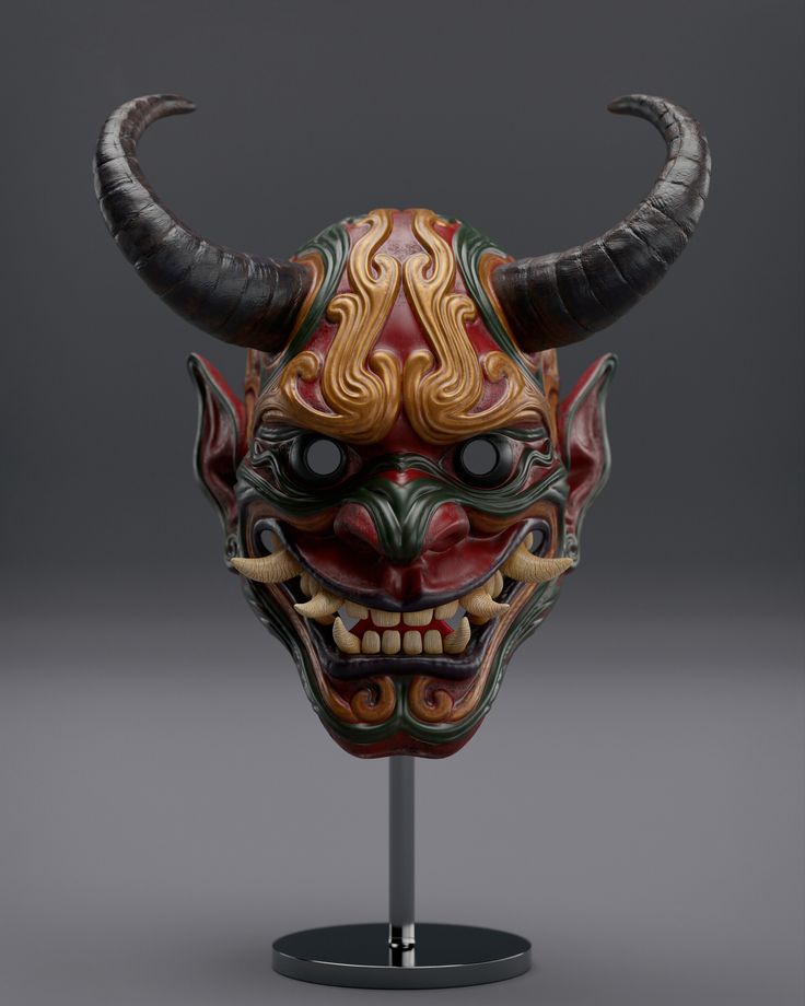 a mask with horns on top of a stand