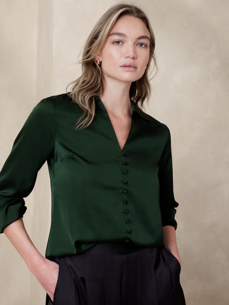 Satin Covered-Button Blouse | Banana Republic Factory Elegant V-neck Top With Cuffed Sleeves, Fall V-neck Blouse With Placket, Elegant V-neck Top With Button Cuffs, V-neck Top With Placket For Fall, Green V-neck Blouse With Buttons, Versatile V-neck Blouse With Buttons, Elegant V-neck Blouse With Buttons, Green Office Blouse With Button Cuffs, Classic Green Blouse For Work