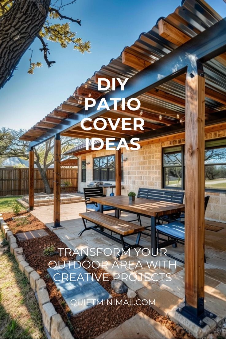 a patio covered in wood and metal with the words diy patio cover ideas transform your outdoor area with creative projects