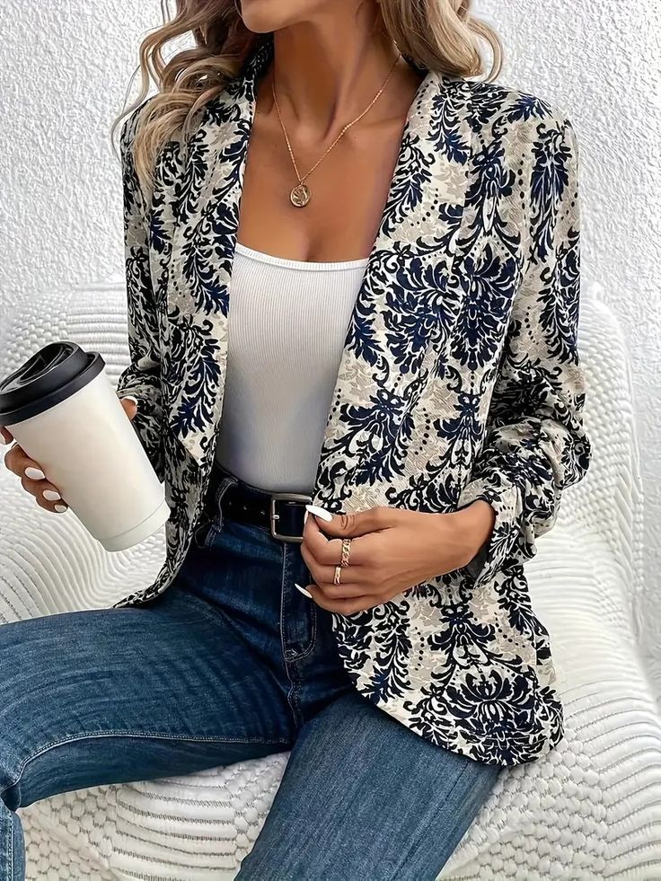 Vintage Floral Print Single Breasted Elegant Long - Temu Australia Floral Print Blazer, Casual Blazer Women, Plus Size Suits, Ladies Blazer, Long Sleeve Outerwear, Single Button Blazer, Damask Print, Printed Blazer, Fabric Floral